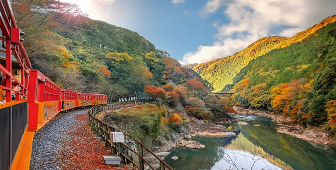 Autumn foliage viewing from Sagano Romantic Train